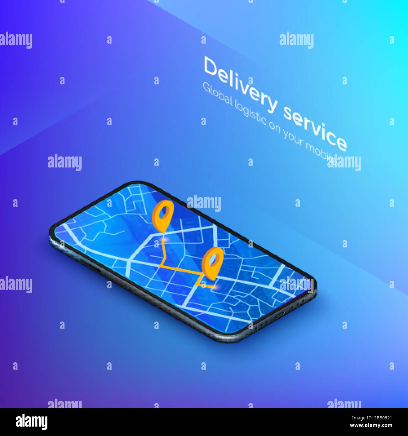 Servizio di consegna o taxi banner isometrico. Navigazione o gps nel cellulare. Cabina app mobile o spedizione. Mappa della città sul display dello smartphone con percorso. Vettore Illustrazione Vettoriale