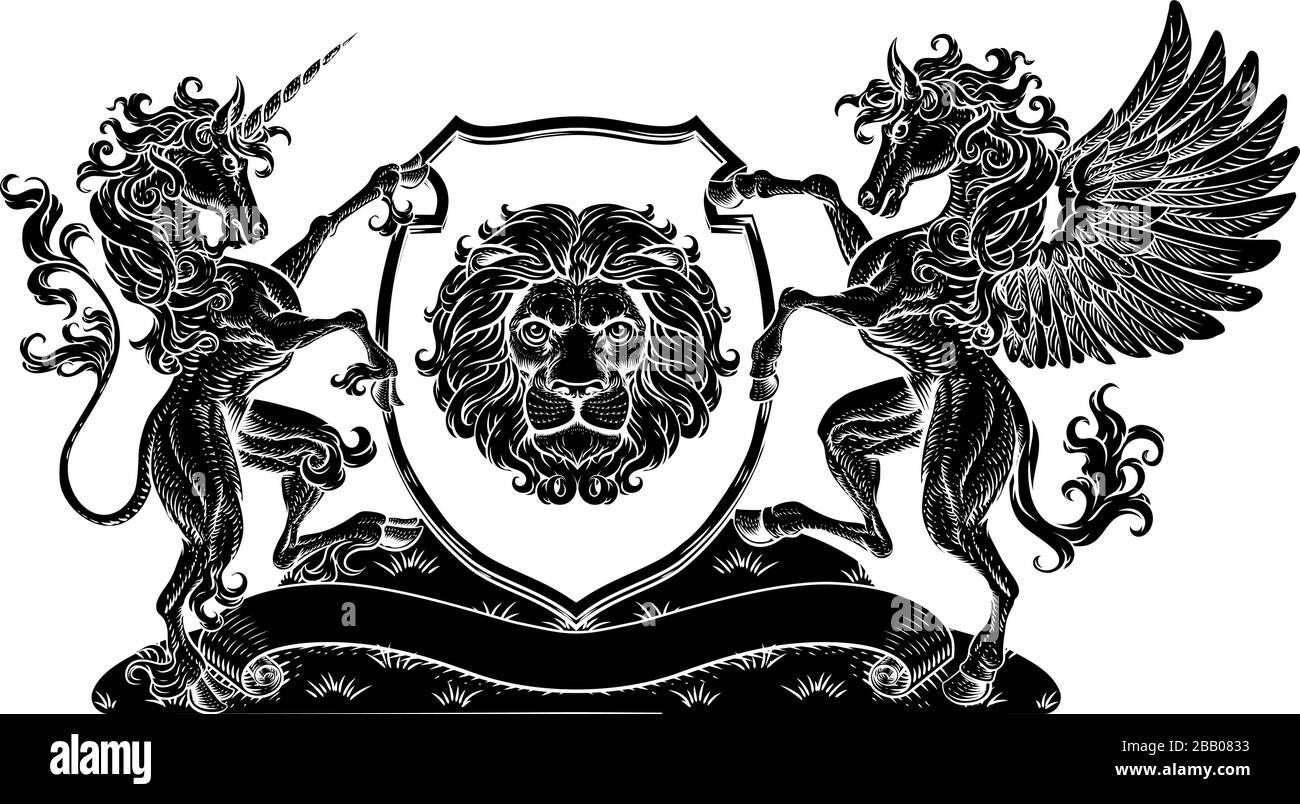 Stemma Crest Pegasus Unicorn Lion Shield Illustrazione Vettoriale