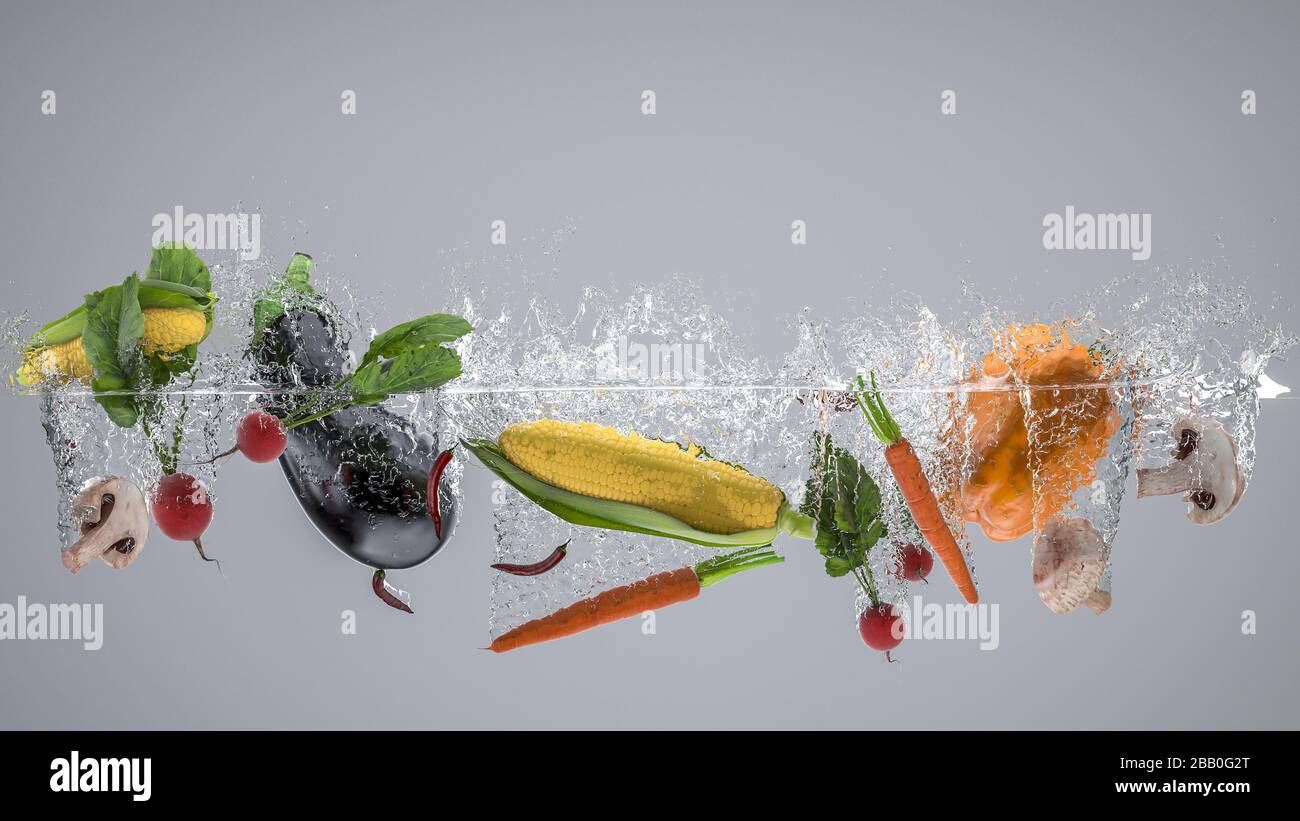 frutta e verdura che cadono in acqua e creano schizzi. concetto di cibo sano, nutriente e fresco. salute e dieta. rendering 3d, nessuno Foto Stock