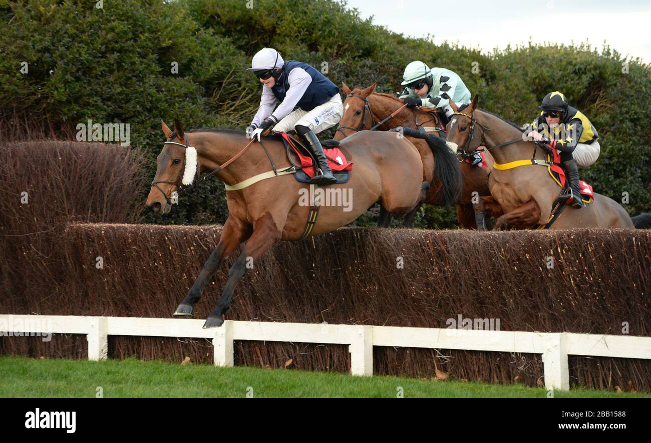 Fine pergamena guidata dal jockey Harry Banister salta l'ultima recinzione sul primo circuito sulla loro strada per vincere la Coldunell Amateur jockeys Association Amateur Riders' handicap Chase Foto Stock