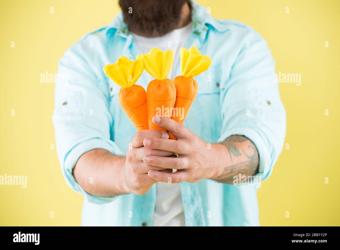 Volete carote. Mazzo di carote nelle mani di un maschio. Carote organiche. Mangiare sano. Vitamina cibo. Tempo di Pasqua. Stagione primaverile. Mangiare le carote ogni giorno. Foto Stock