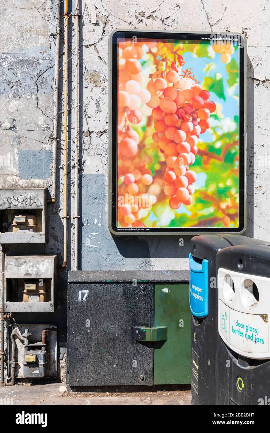 Una schermata pubblicitaria mostra lussureggianti e succose uve rosa mature in un angolo sporco e decaduto di Shoreditch a Londra, Regno Unito. Foto Stock