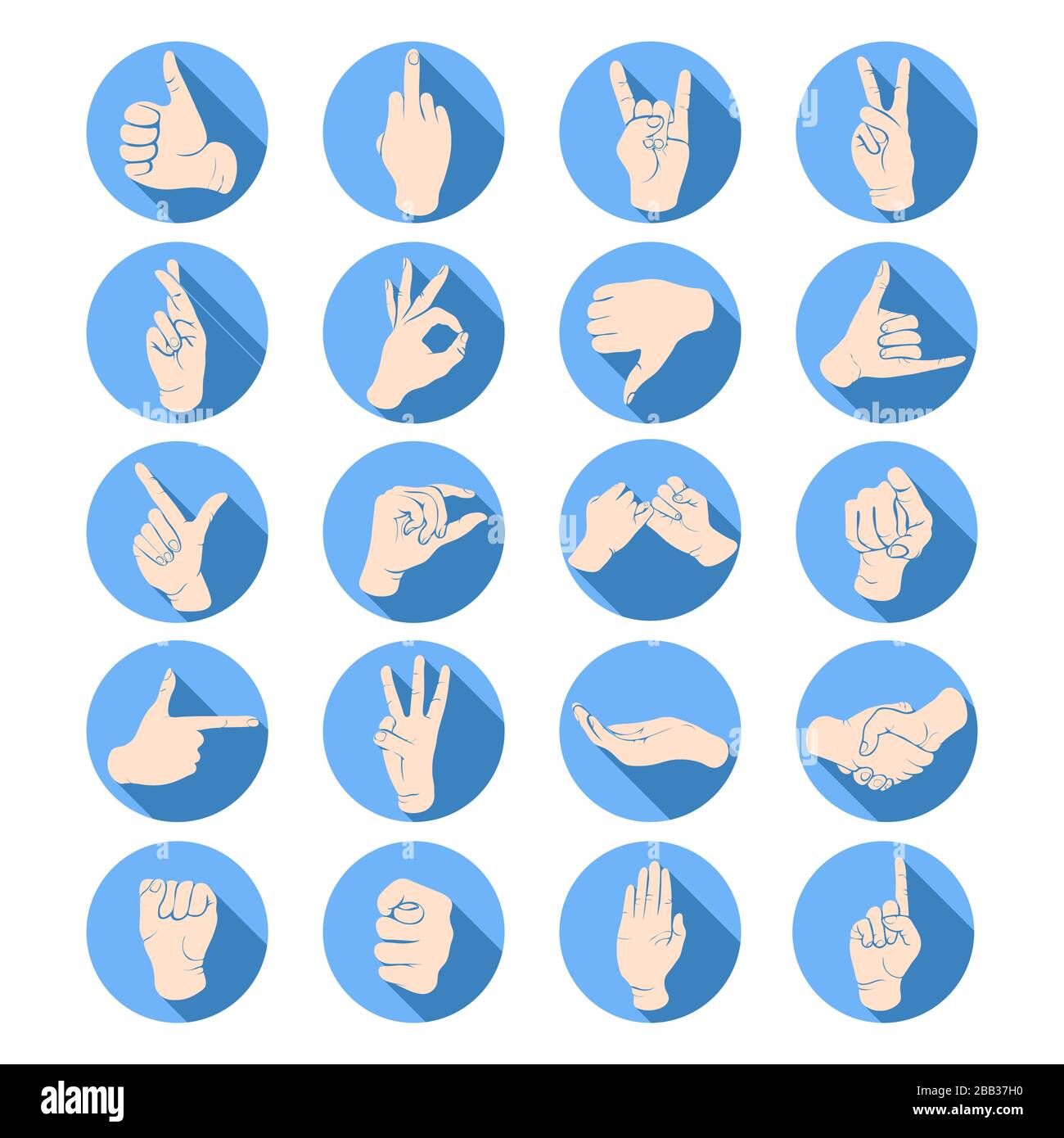 Gesti delle mani, segni delle dita, set di icone della lingua dei segni, stencil, logo, silhouette. Disegno di polso, mani che mostrano vari simboli in una cornice rotonda, isola Illustrazione Vettoriale