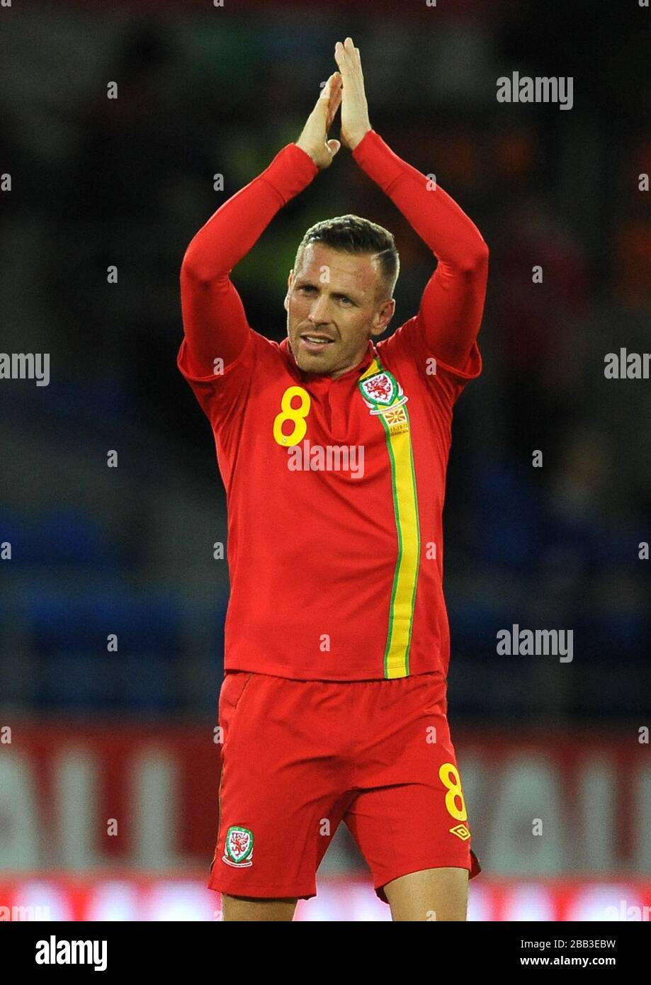 Craig Bellamy del Galles applaude i fan dopo il suo ultimo gioco contro FYR Macedonia. Foto Stock