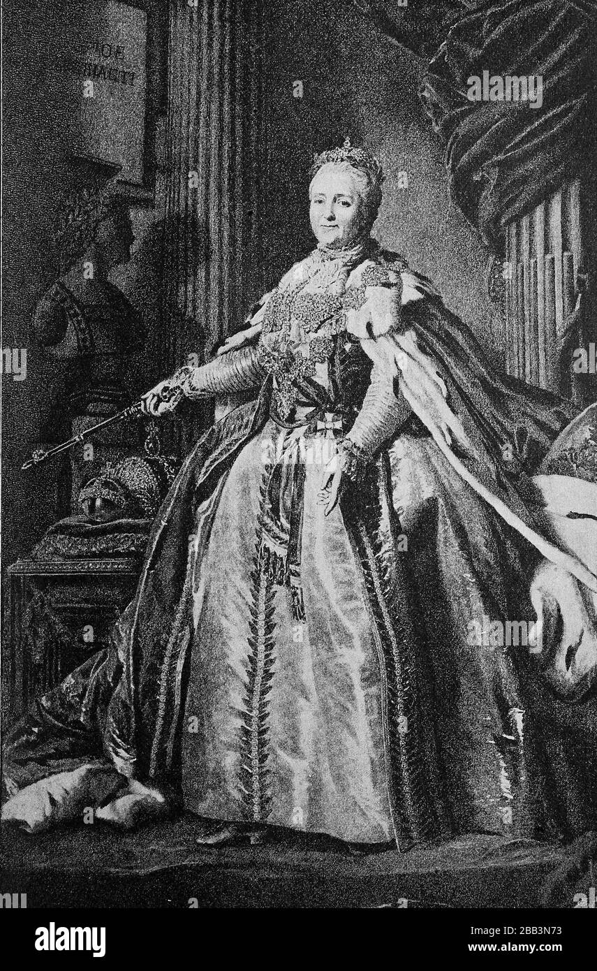 Caterina II, detta Caterina la Grande, 2 maggio 1729 - 6 novembre 1796, fu imperatrice della Russia dal 9 luglio 1762 / Katharina II, genannt Katharina die Große, 2. Maggio 1729 - 6. Novembre 1796, guerra ab dem 9. Juli 1762 Kaiserin von Russland, Historisch, riproduzione digitale migliorata di un originale del 19th secolo / digitale Reproduktion einer Originalvorlage aus dem 19. Jahrhundert Foto Stock