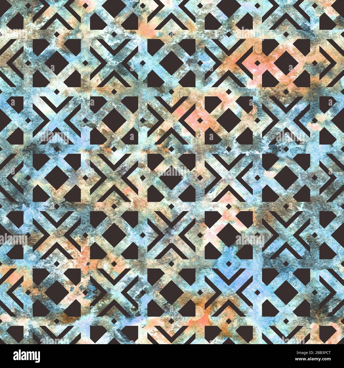 Griglia arcobaleno geometrica in colori neon su sfondo blu scuro. Foto Stock