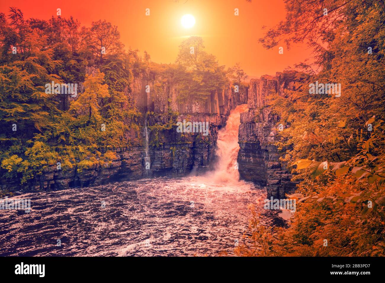 Vedute della cascata dell'alta forza dalla riva sud del Fiume Tees sulla Via Pennine al tramonto nel bosco, Regno Unito. Foto Stock