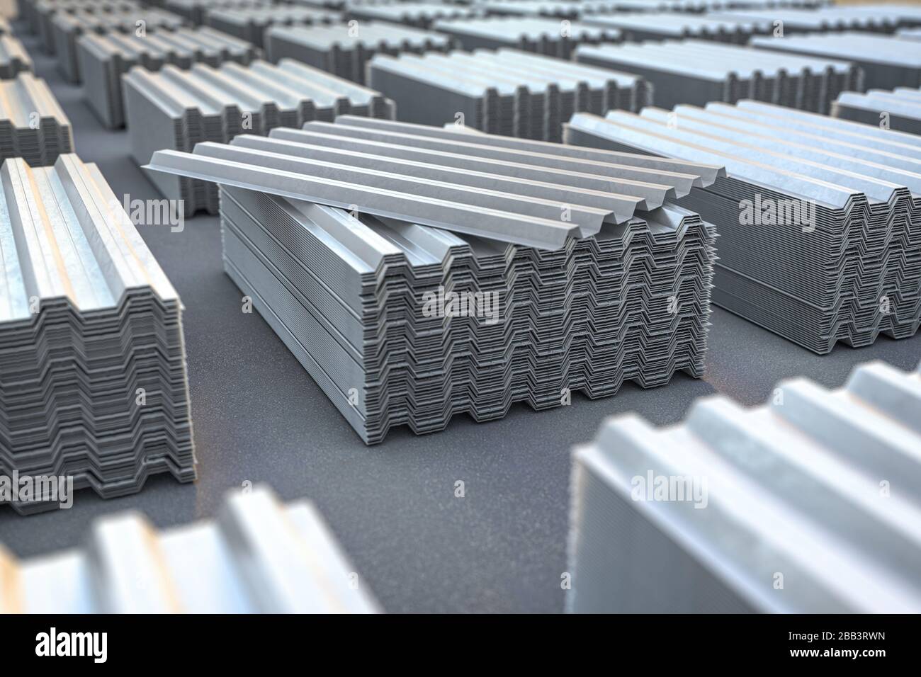 Pile di lamiere metalliche ondulate, zinco d'acciaio o lamiere profilate a forma d'onda zincate per la costruzione di tetti. figura 3d. Foto Stock