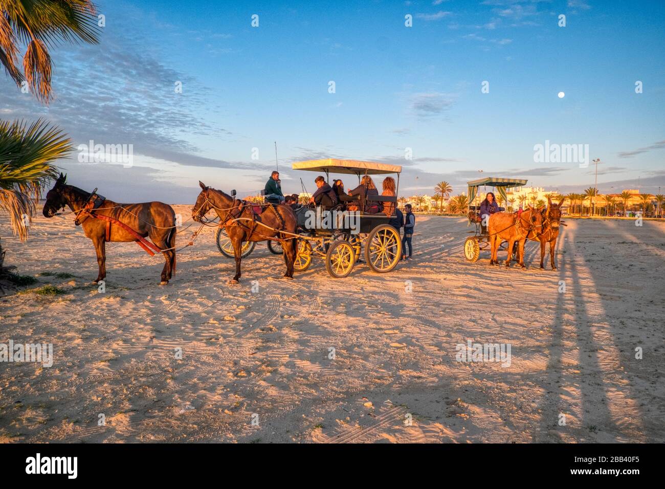 Carrozza trainata da cavalli sulla spiaggia. San Lucar de Barrameda Spagna Foto Stock