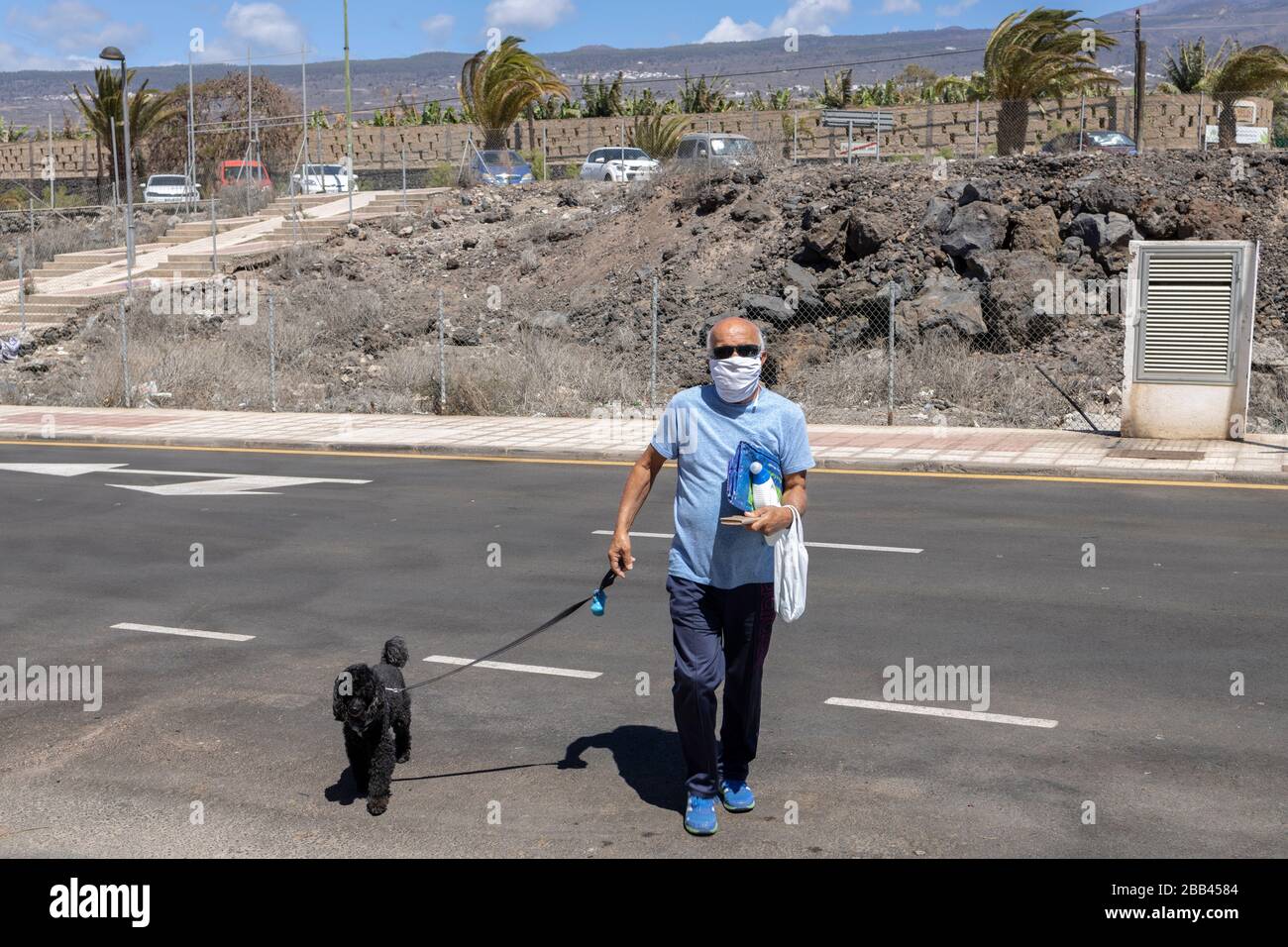 Uomo con il suo cane e indossando una maschera durante il blocco di coronavirus, Playa San Juan, Tenerife, Isole Canarie, Spagna. Foto Stock