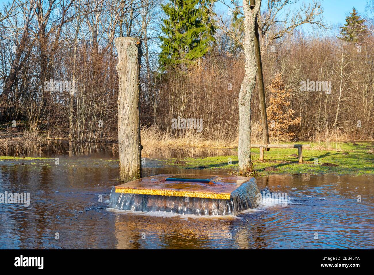 Il pozzo di Witch fa parte di un fiume sotterraneo, la sorgente carsica sgorga dall'acqua al momento delle inondazioni stagionali. Tuhala, Estonia Foto Stock