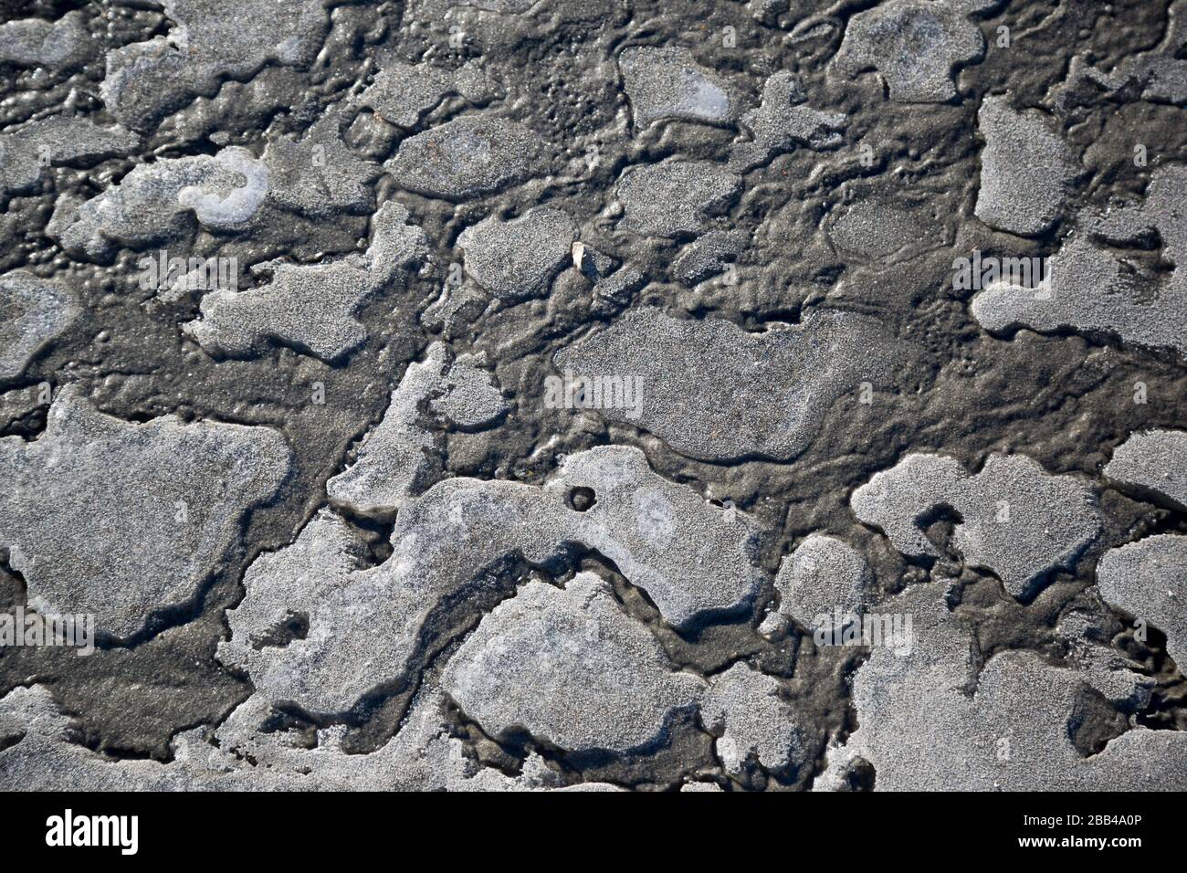 Sabbia grigia ghiacciata sulla spiaggia Foto Stock