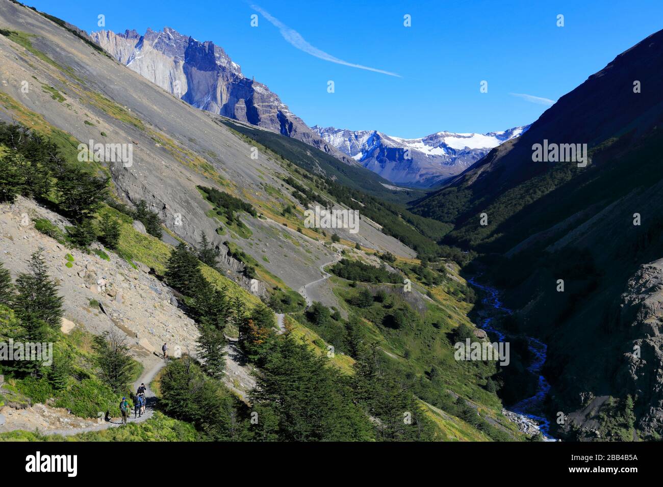 Camminatori lungo la valle del Rio Ascendente, Parco Nazionale Torres de Paine, Regione Magallanes, Patagonia, Cile, Sud America Foto Stock