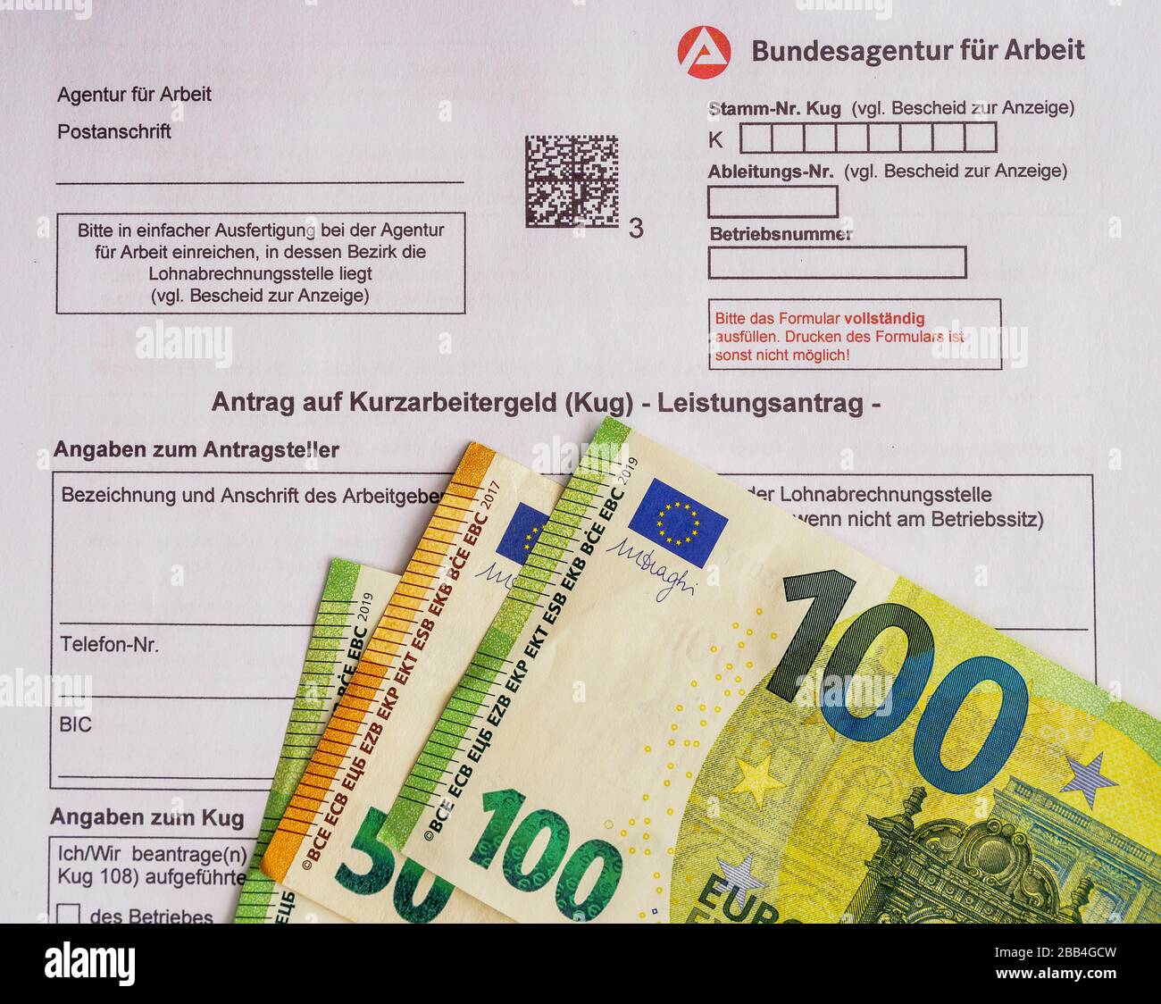 Antragsformular, Antrag auf Kurzarbeitergeld (KUG), Corona Hilfe, Deutschland, Europa Foto Stock