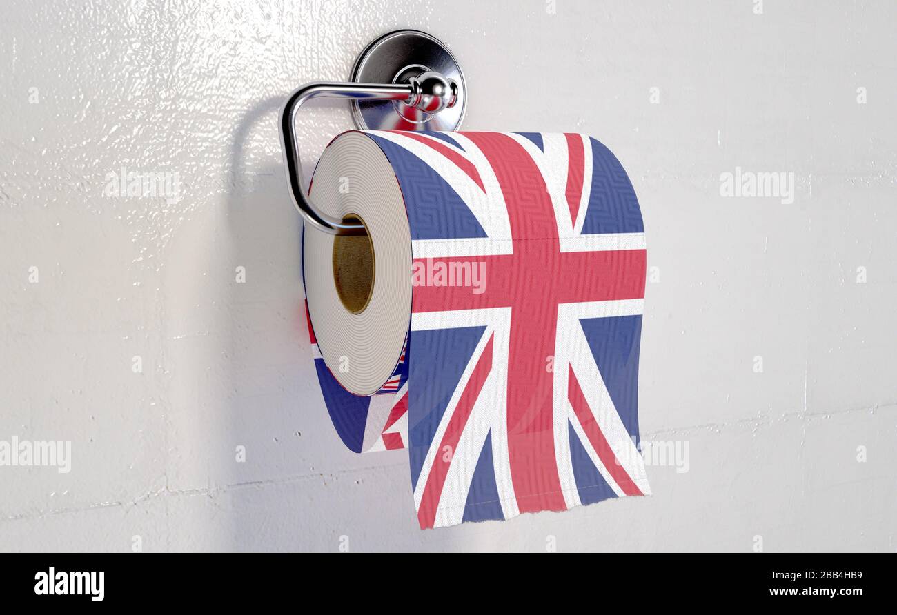 Un rotolo di carta igienica con una stampa della bandiera britannica appesa  su un supporto per rotolo di carta igienica cromato - rendering 3D Foto  stock - Alamy