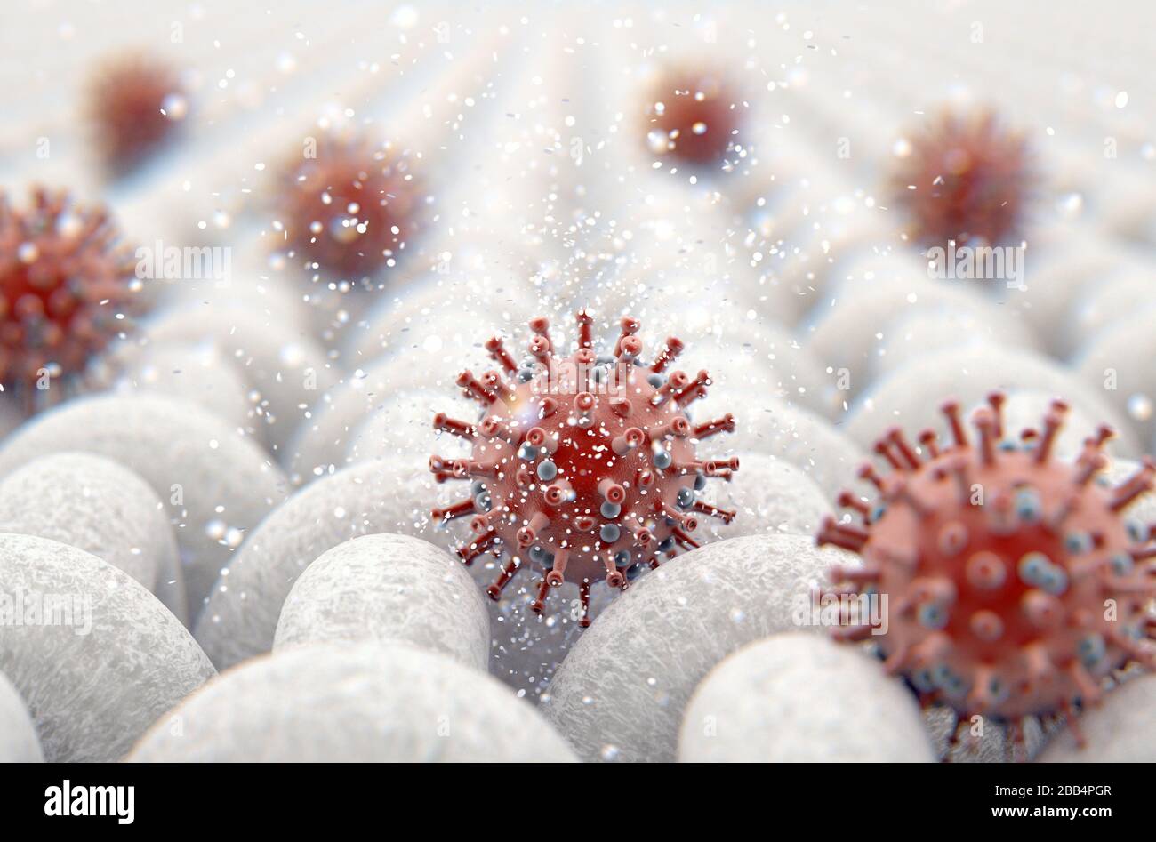 Una vista ravvicinata microscopica di un semplice tessuto tessile e di una particella di coronavirus rosso visibile - resa 3D Foto Stock