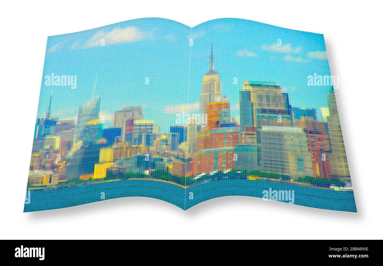Manhattan Waterfront - New York City (USA) - 3D render concept image of an opened photo book with pixelation effect - i'm the copyright owner of the i Foto Stock