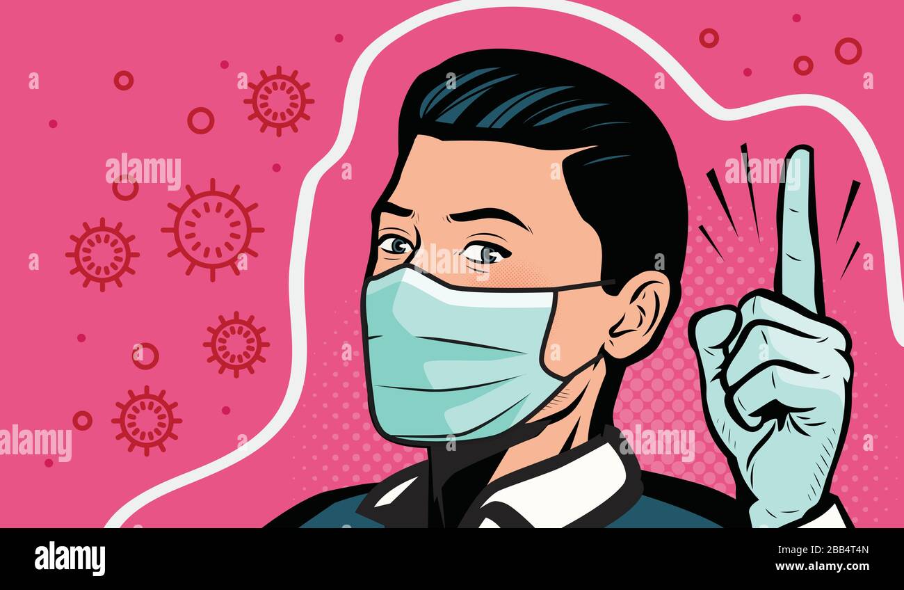 COVID-19, coronavirus. Uomo in maschera medica. Grafica vettoriale pop art a fumetti rétro Illustrazione Vettoriale