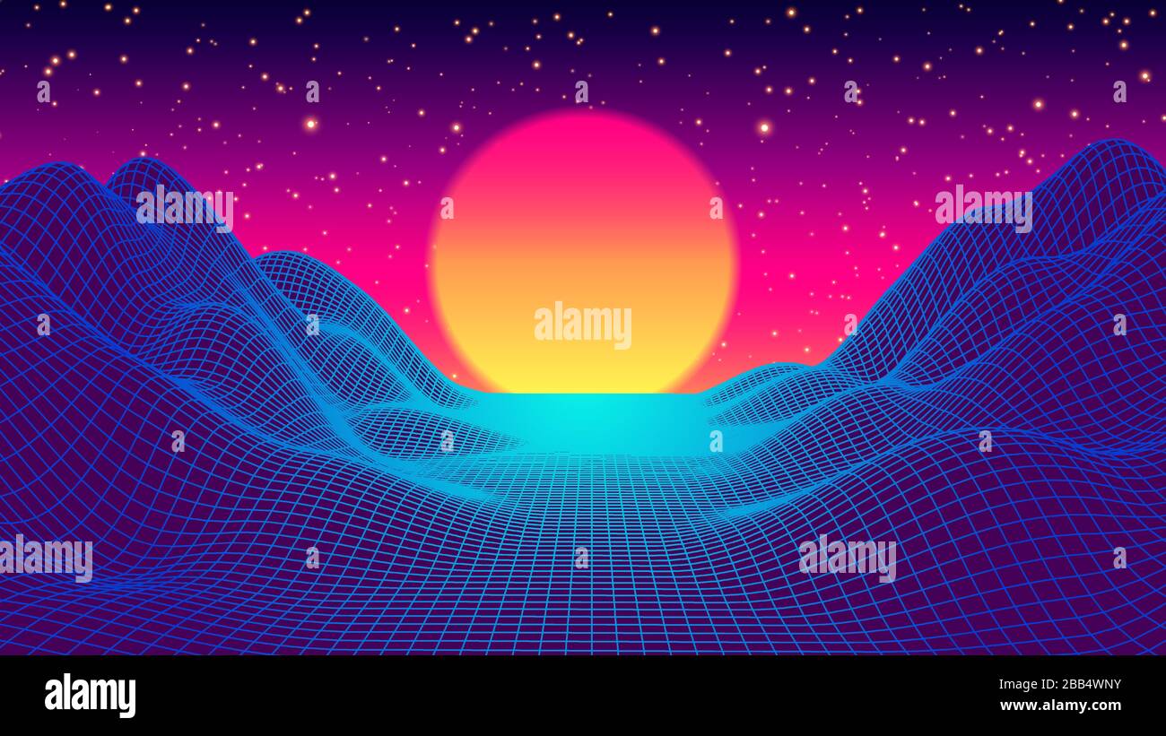 Retro sfondo futuristico paesaggio 1980s stile. Digital retro Landscape Cyber Surface. 80s Party background. Retro 80s Fashion Sci-Fi sfondo paesaggio. Il panorama digitale in un Cyber World Illustrazione Vettoriale