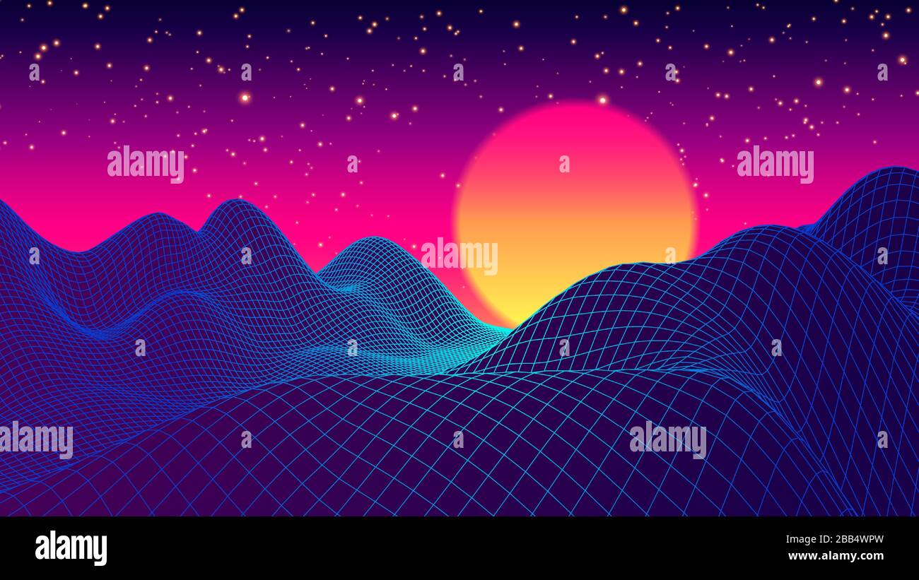Retro sfondo futuristico paesaggio 1980s stile. Digital retro Landscape Cyber Surface. 80s Party background. Retro 80s Fashion Sci-Fi sfondo paesaggio. Il panorama digitale in un Cyber World Illustrazione Vettoriale