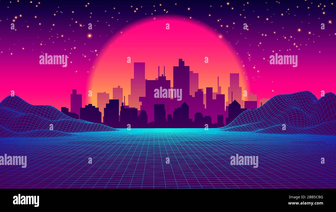 Retro futuro del 80s 1980s retro futuristico stile sfondo. Road to the City at Sunset nello stile della 1980s. Digital retro cityscape Sci-Fi Summer Landscape. Il panorama digitale nel Cyber World Illustrazione Vettoriale
