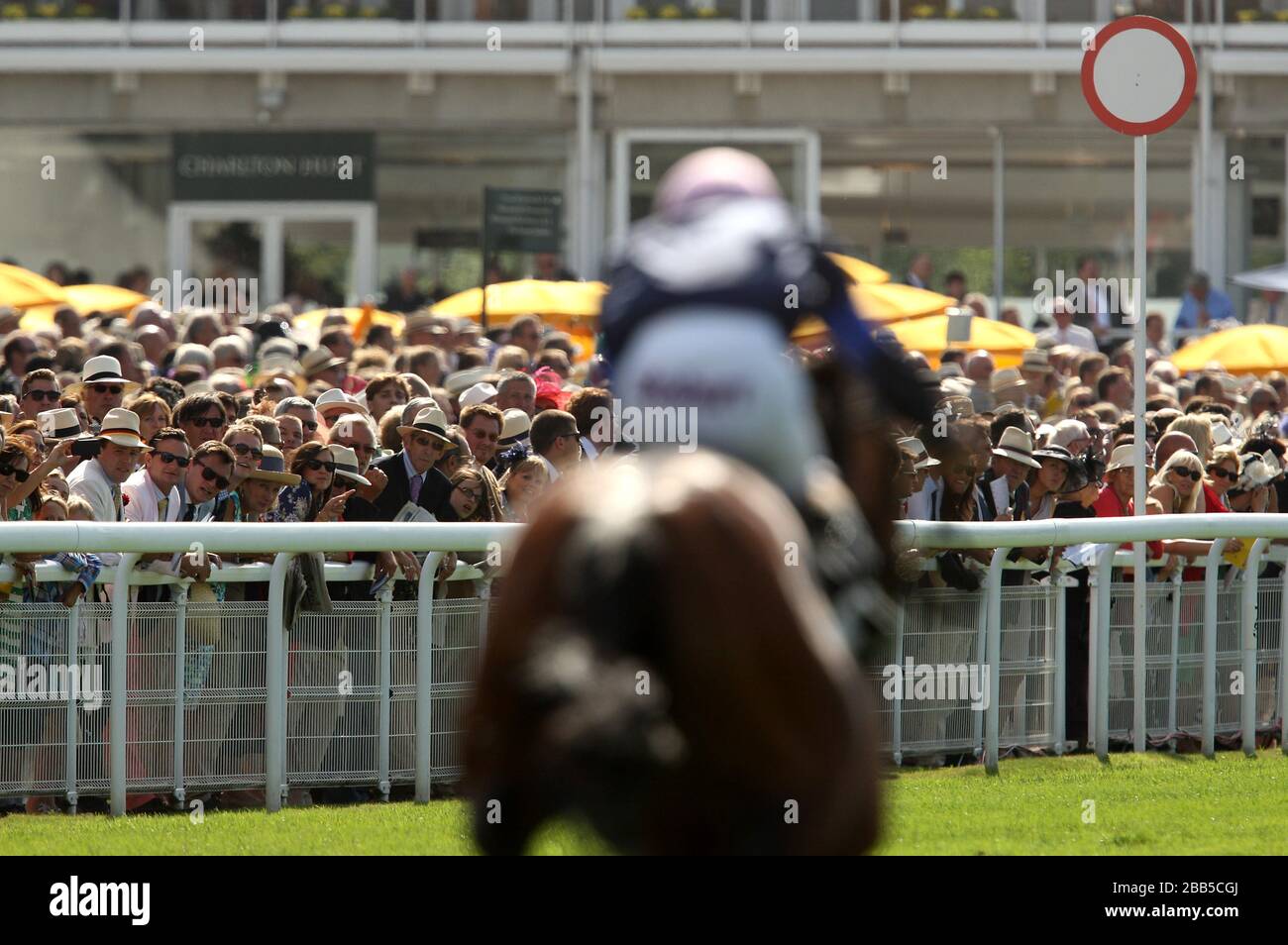 La folla guarda dal traguardo durante il quarto giorno del glorioso Goodwood Festival 2013 all'ippodromo di Goodwood Foto Stock