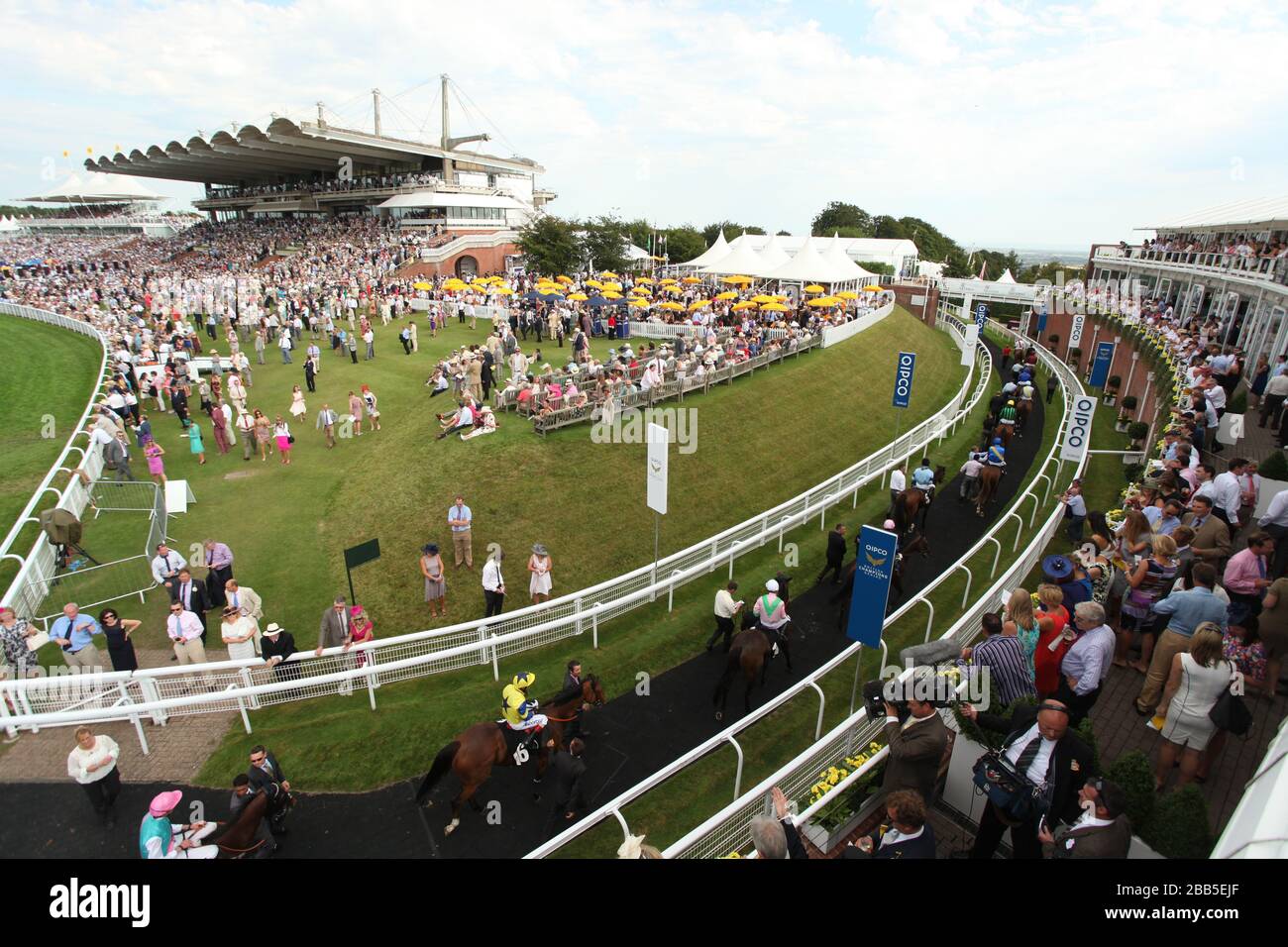 I cavalli vengono sfilati durante il terzo giorno del glorioso Goodwood Festival del 2013 all'ippodromo di Goodwood Foto Stock