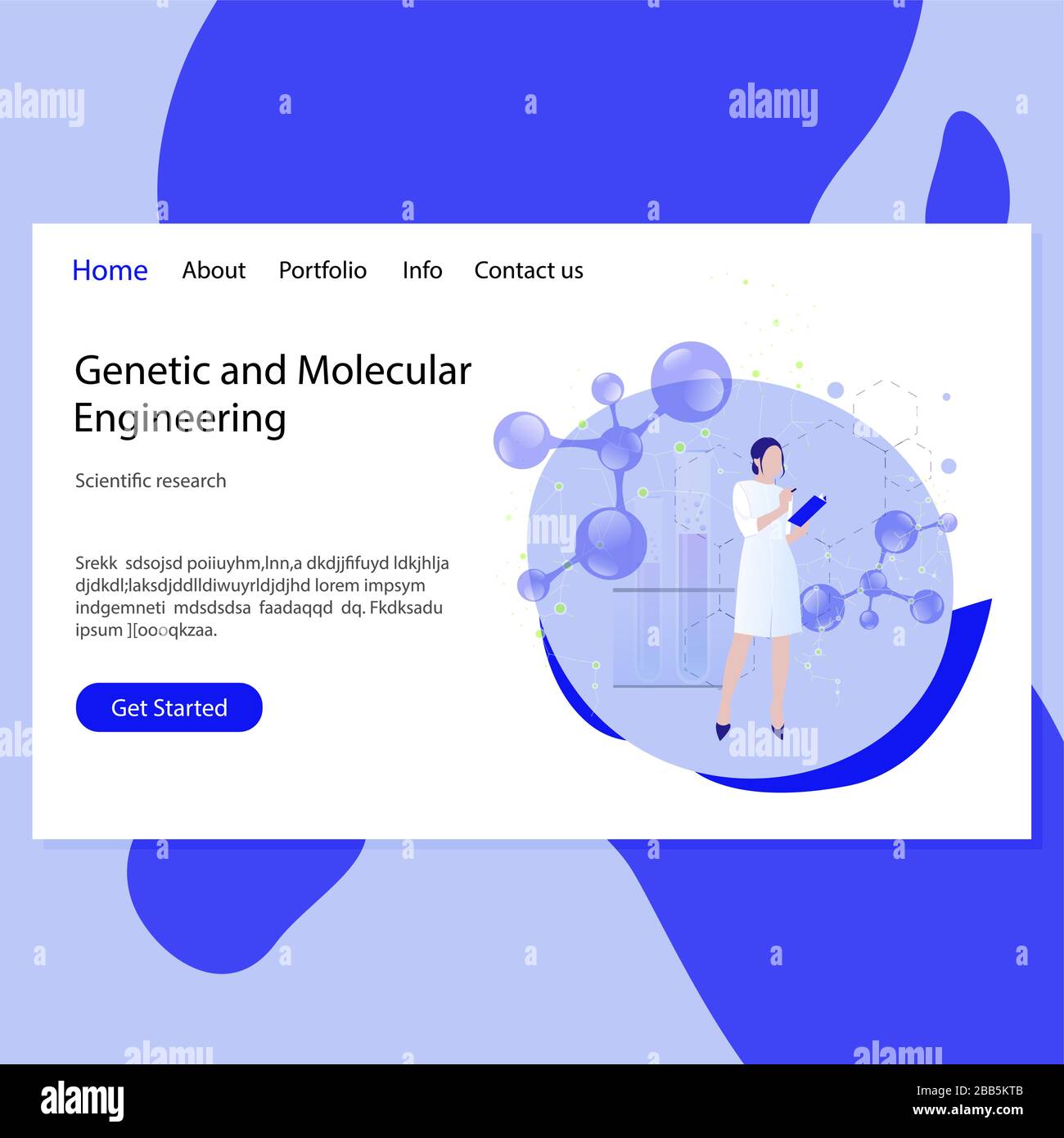 Pagina di destinazione dell'ingegneria genetica e molecolare. Sito web di laboratorio biotecnologia molecolare e dna, illustrazione della tecnologia di ricerca di laboratorio Illustrazione Vettoriale