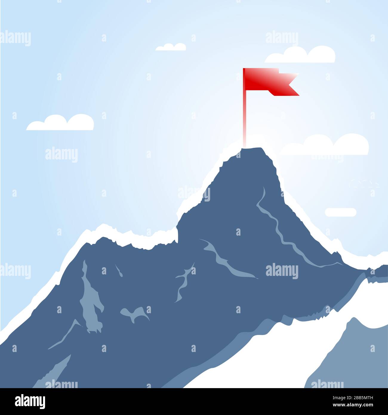Montagna picco con bandiera rossa, obiettivo di successo. Risultati top climbing, sfida di leadership di successo, illustrazione vettoriale Illustrazione Vettoriale