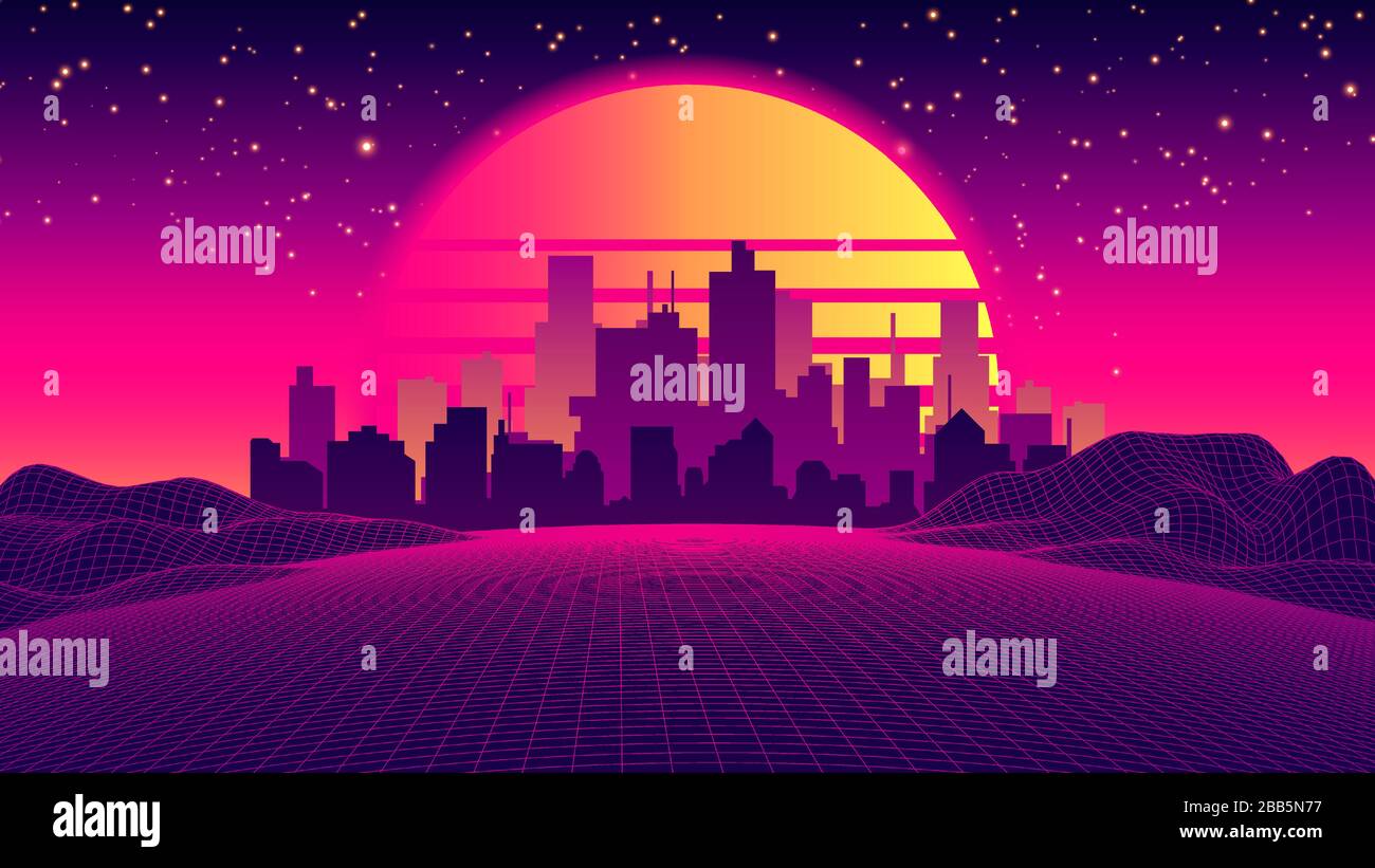 Sfondo vettoriale fantascientifico, skyline notturno della città nello stile delle onde retrò, Synth 80s Design. Futuristico Vector Illustration stile geometrico, Tropical Night retro 80s Fashion Sci-Fi sfondo Paesaggio Illustrazione Vettoriale