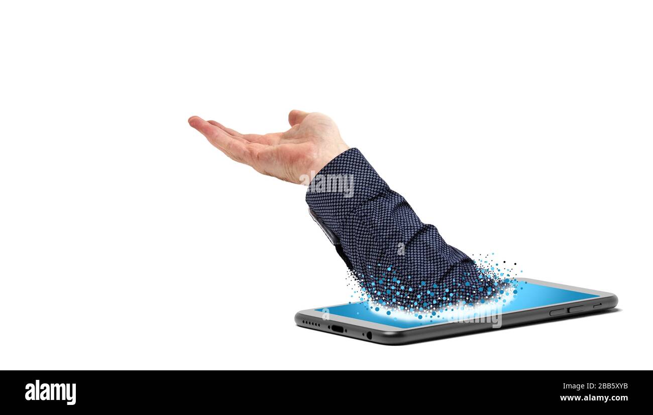 Mano che si attacca da uno smartphone 3D rendering e immagini reali Foto Stock