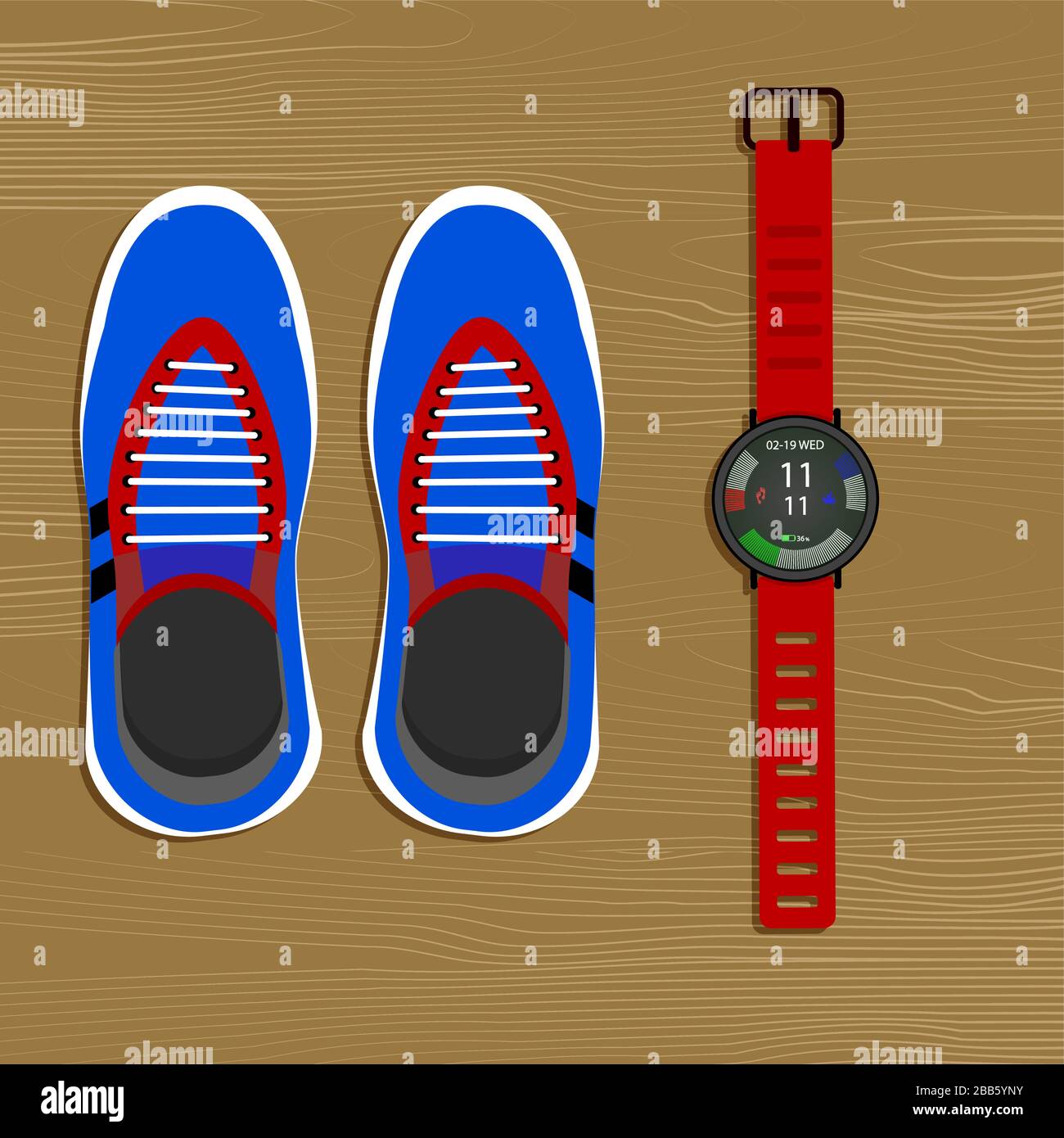 Attrezzature in funzione. Sneakers e orologi. Scarpe da runner vettoriali, esercizio di allenamento sportivo, illustrazione dell'attività sanitaria Illustrazione Vettoriale