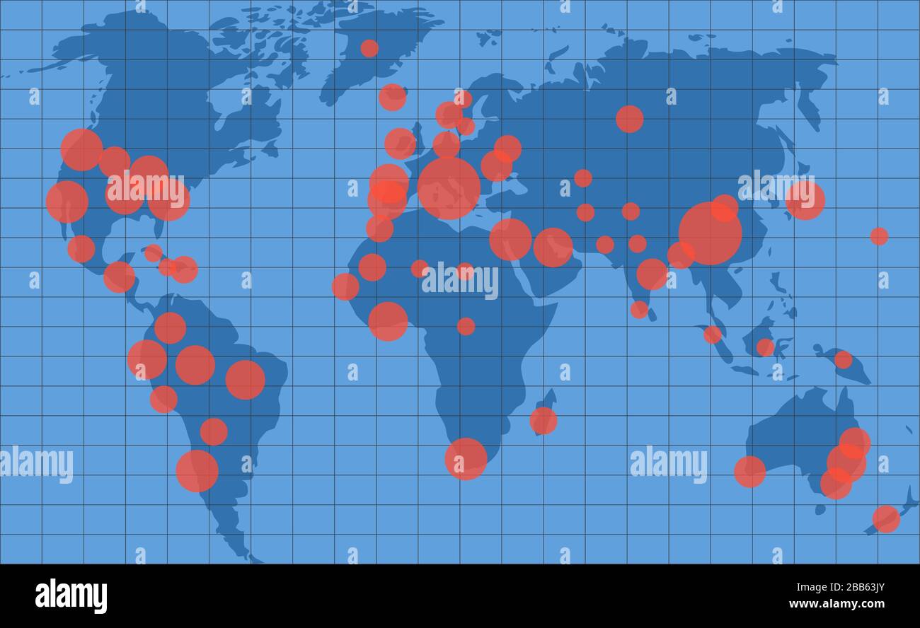 Mappa di sviluppo pandemico con puntini rossi. Coronavirus pericolo pandemia, infezione medicinale diffusione infografica. Illustrazione del vettore Illustrazione Vettoriale