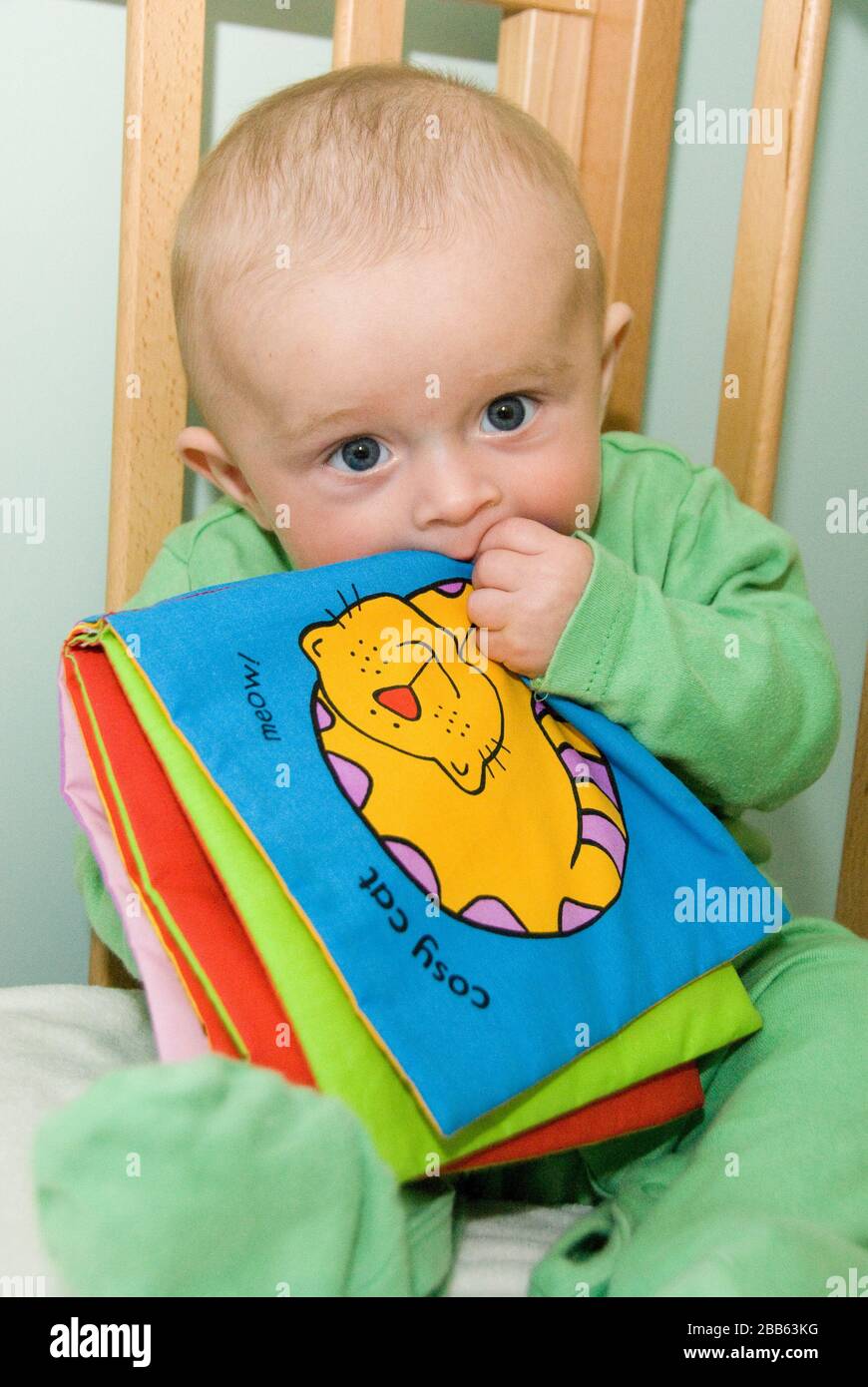 Bambino ragazzo seduto nella sua culla masticare su un libro del bambino del giocattolo morbido Foto Stock