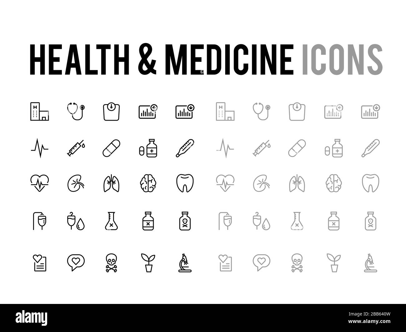 Il vettore sanità, medicina sottile linea icona raccolta di simboli Illustrazione Vettoriale