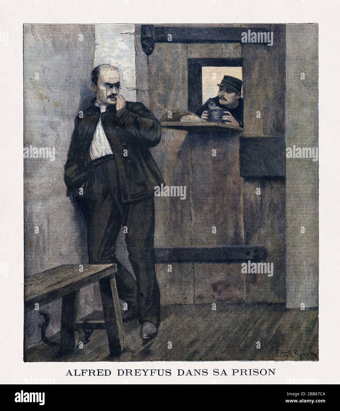 Illustrazione del Capitano Dreyfus nella cella di prigione di hus intitolata 'Alfred Dreyfus dans sa Prison' di Lionel Reyer pubblicato nel gennaio 1895. Foto Stock
