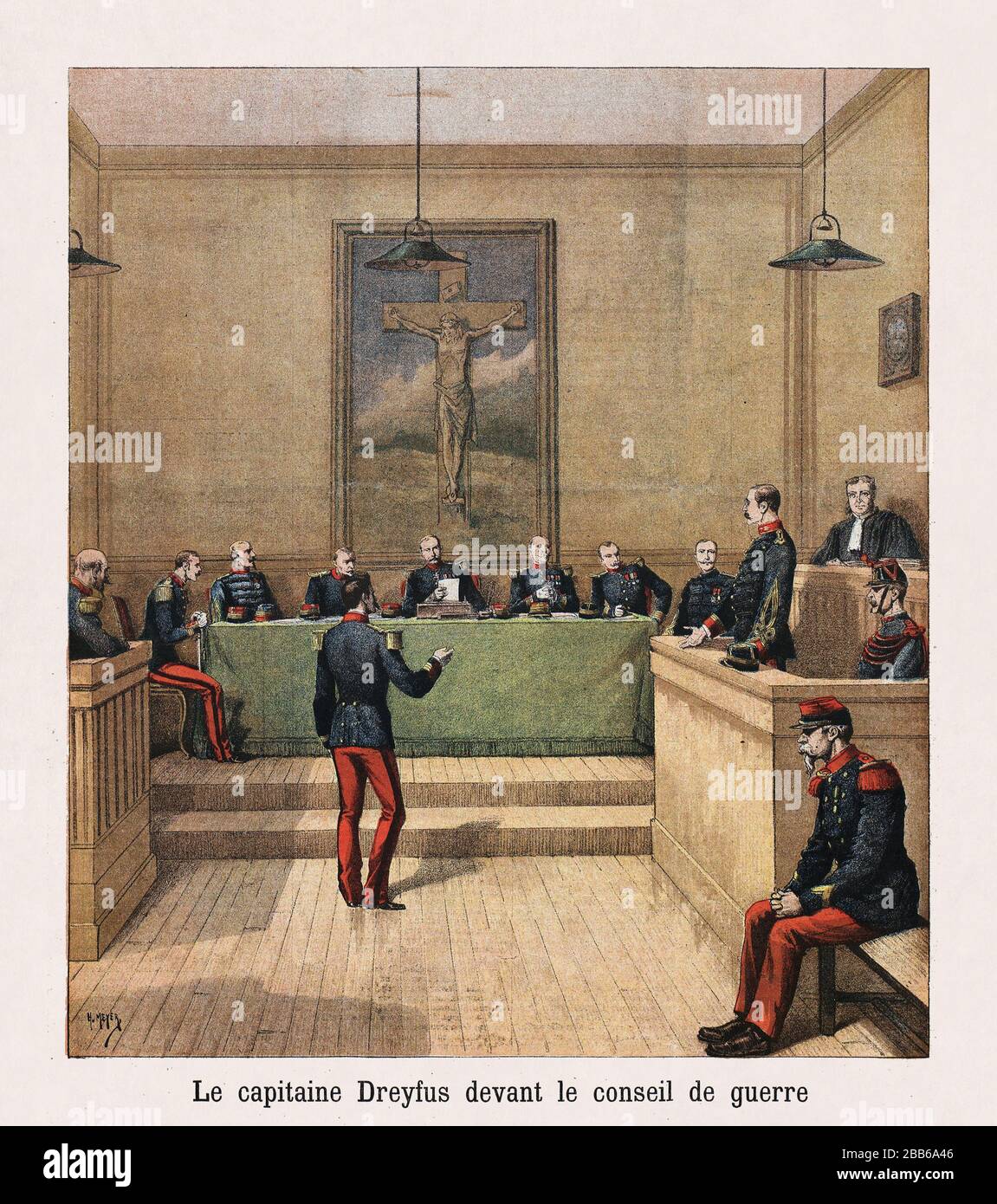 Illustrazione del Capitano Dreyfus di fronte al Consiglio di guerra intitolato 'le capitaine Dreyfus devant le conseil de guerre' di H. Meyer. Foto Stock