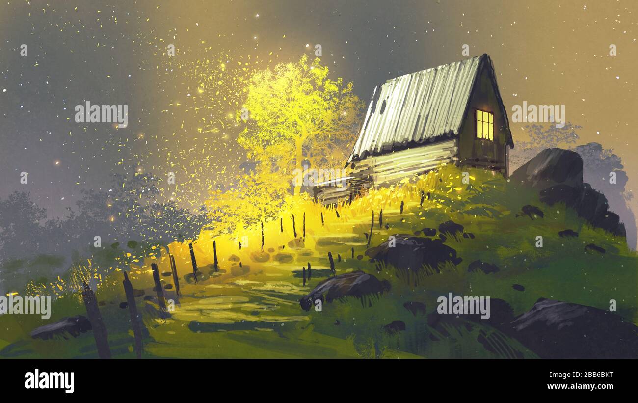 fantastico paesaggio che mostra il percorso verso la casa su una collina, stile d'arte digitale, illustrazione pittura Foto Stock