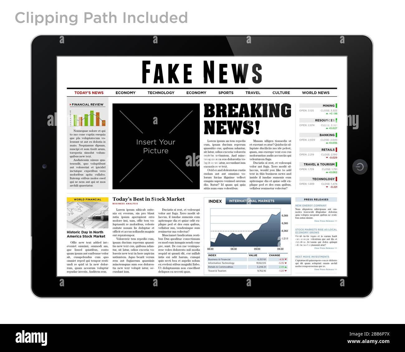 Un tablet isolato che mostra "Fake News" come titolo. Foto Stock