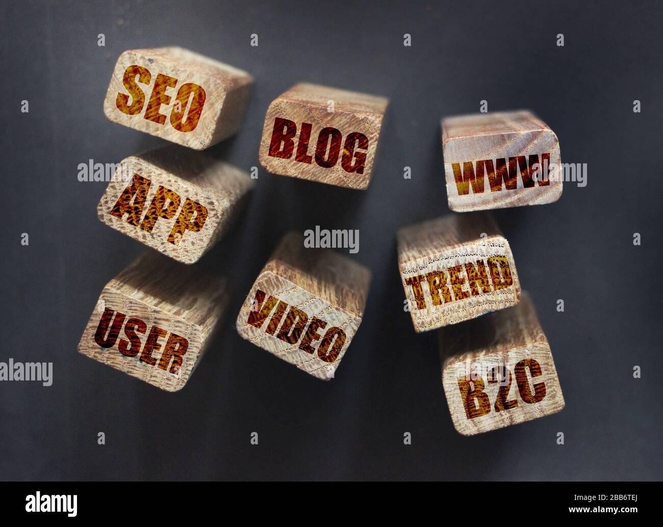 SEO blog video app www B2C parole su blocchi di legno. Concetto di vendita del Internet di ottimizzazione di Search Engine Foto Stock