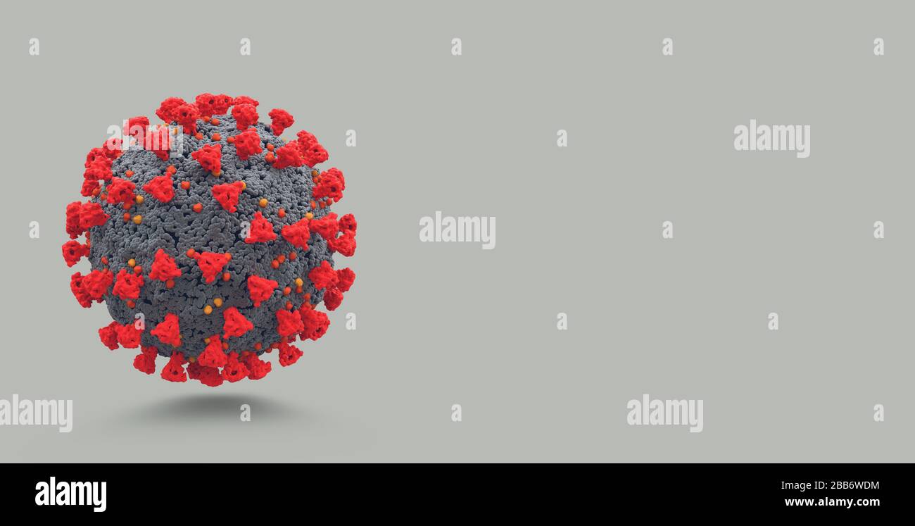 Sfondo grigio con grande virus sars COV 2 che causa covid 19 Foto Stock