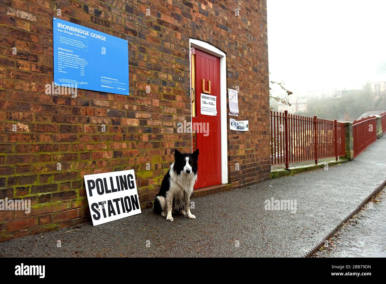 Voto alle elezioni generali 2019 a Coalbrookdale, mentre il cane aspetta sotto la pioggia. Foto Stock