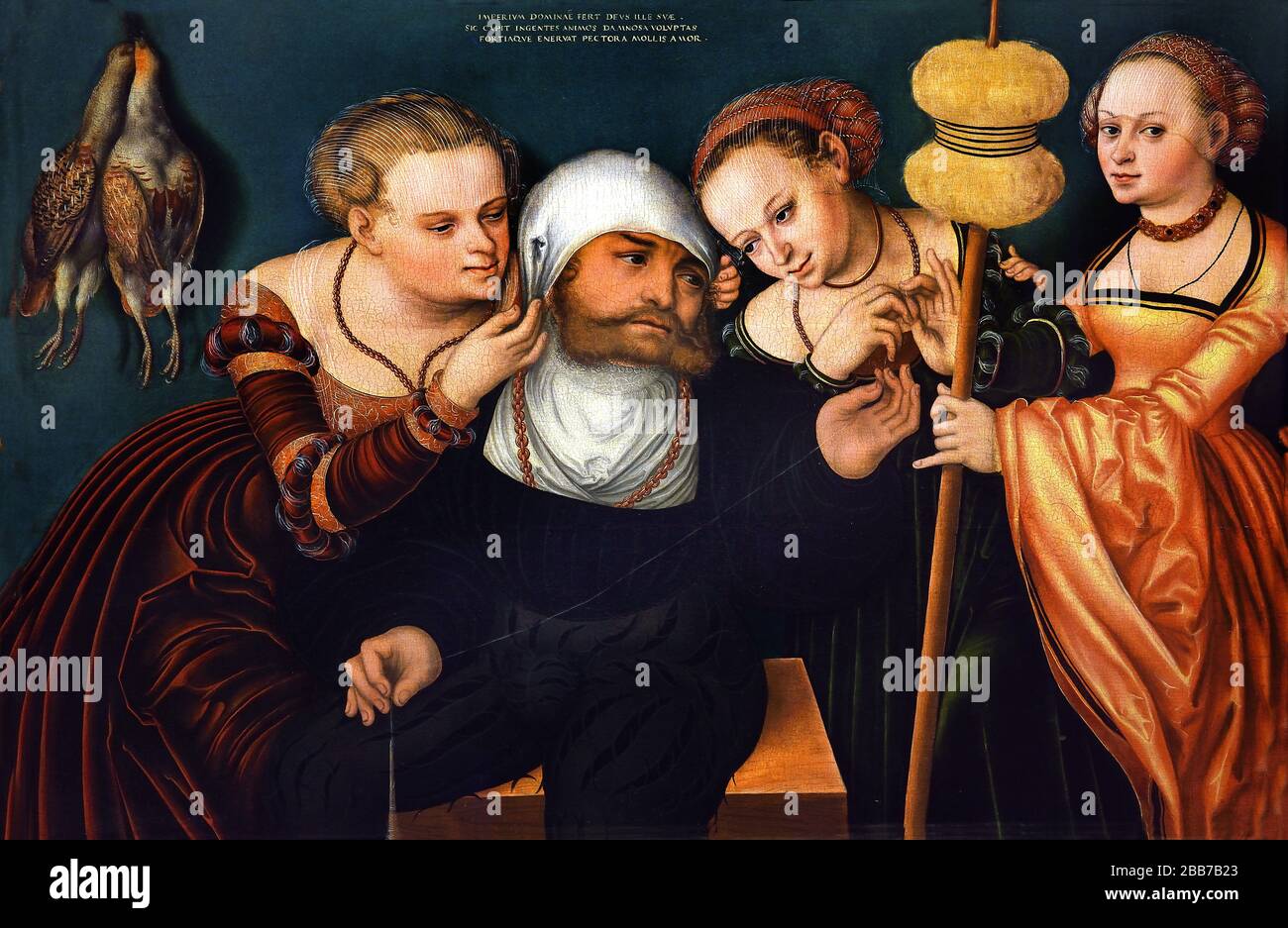 Ercole alla Corte di Omphale 1537 Hans Cranach 1513-1537 Germania.( Ercole, che secondo la leggenda greca uccise il suo amico Ifito in una lotta per il potere e che fu così punito da Hermes, Che lo vendette alla corte della regina Omphale dove doveva rimanere come schiavo per tre anni.) Foto Stock