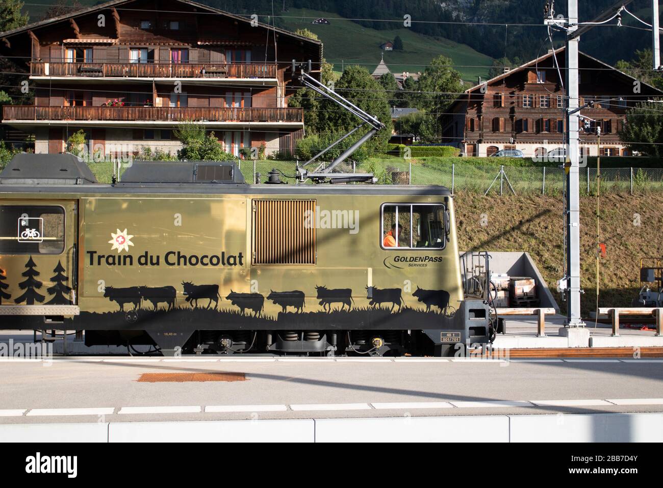 Chocolate Train Bulle, Gruyère nel cantone di Friburgo, Svizzera, Europa, 08/09/2019, Chocolate Train Bulle, Train Du Chocolat ( Golden Pass serv Foto Stock