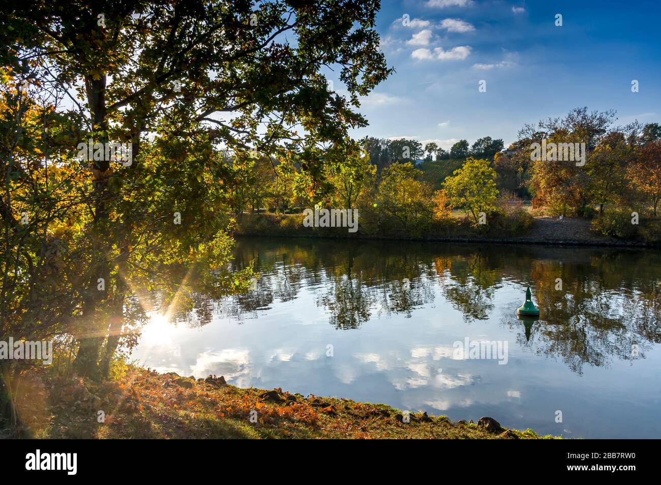 Paesaggio idilliaco, romantico e colorato in autunno con il fiume Main e la fiera acqua barile Foto Stock