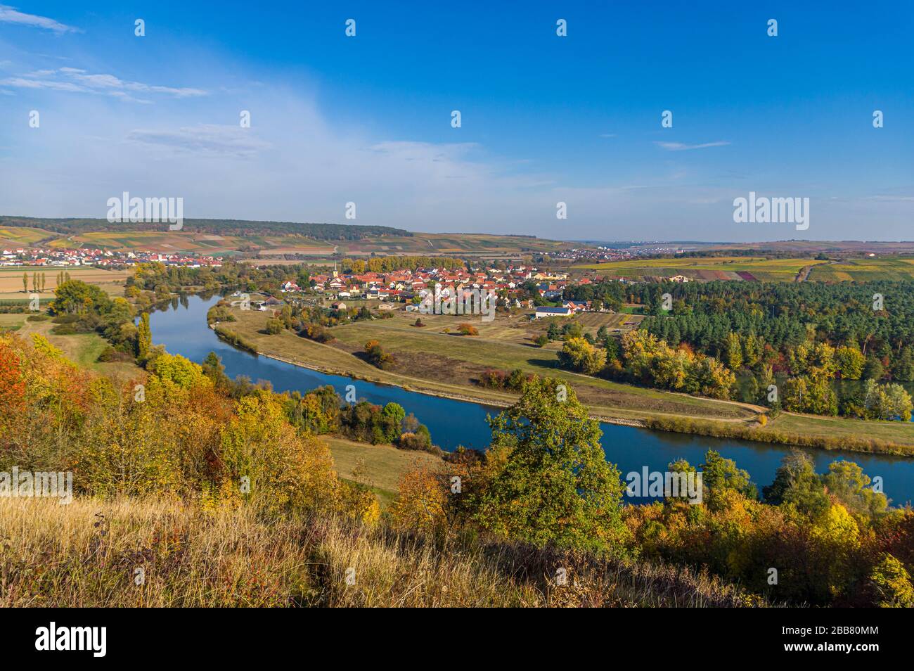 Vista sull'idilliaca Main Valley, sui vigneti, sul Main Loop nella città di Volkach, nel distretto di Fahr in autunno con foglie colorate al sole, Foto Stock