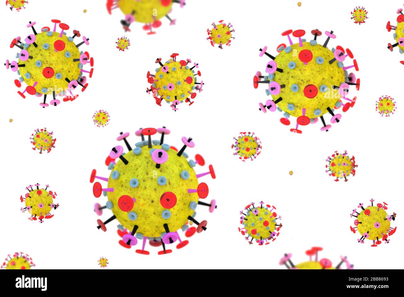 Concetto di malattia del coronavirus microscopico su sfondo rosa. Giallo rosso microscopico 3D molecola modello di virus influenzale. Foto Stock