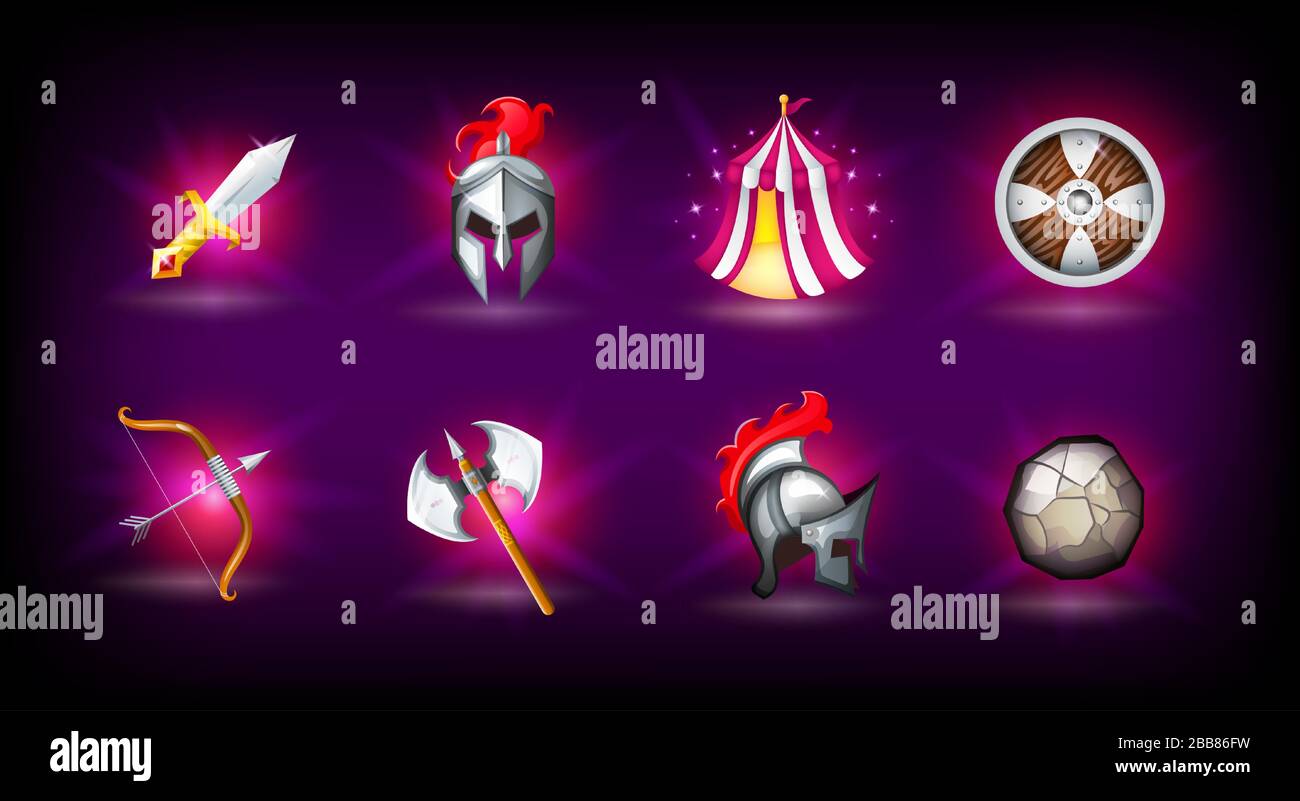 Set di icone medievali, casco cavaliere, impero romano, legionnaires, tenda, scudo e armi Illustrazione Vettoriale