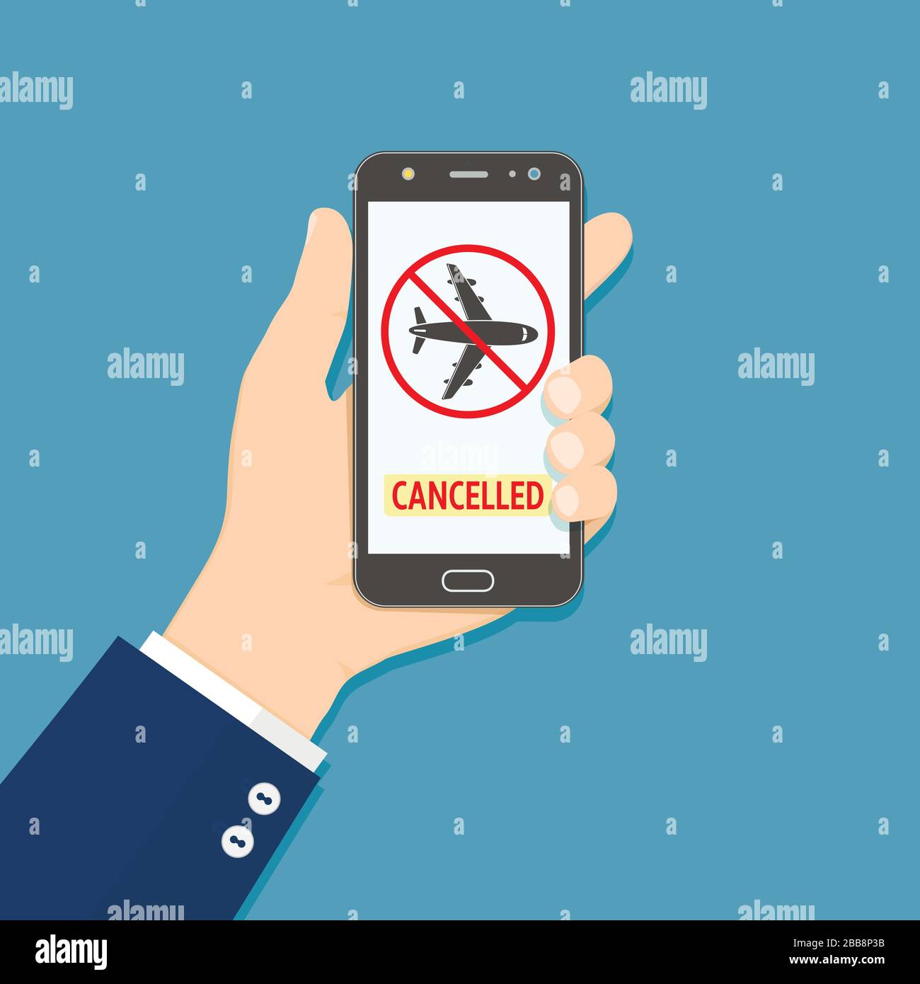 Volo annullato. Smartphone con tenuta di mano con informazioni sul volo annullate Illustrazione Vettoriale