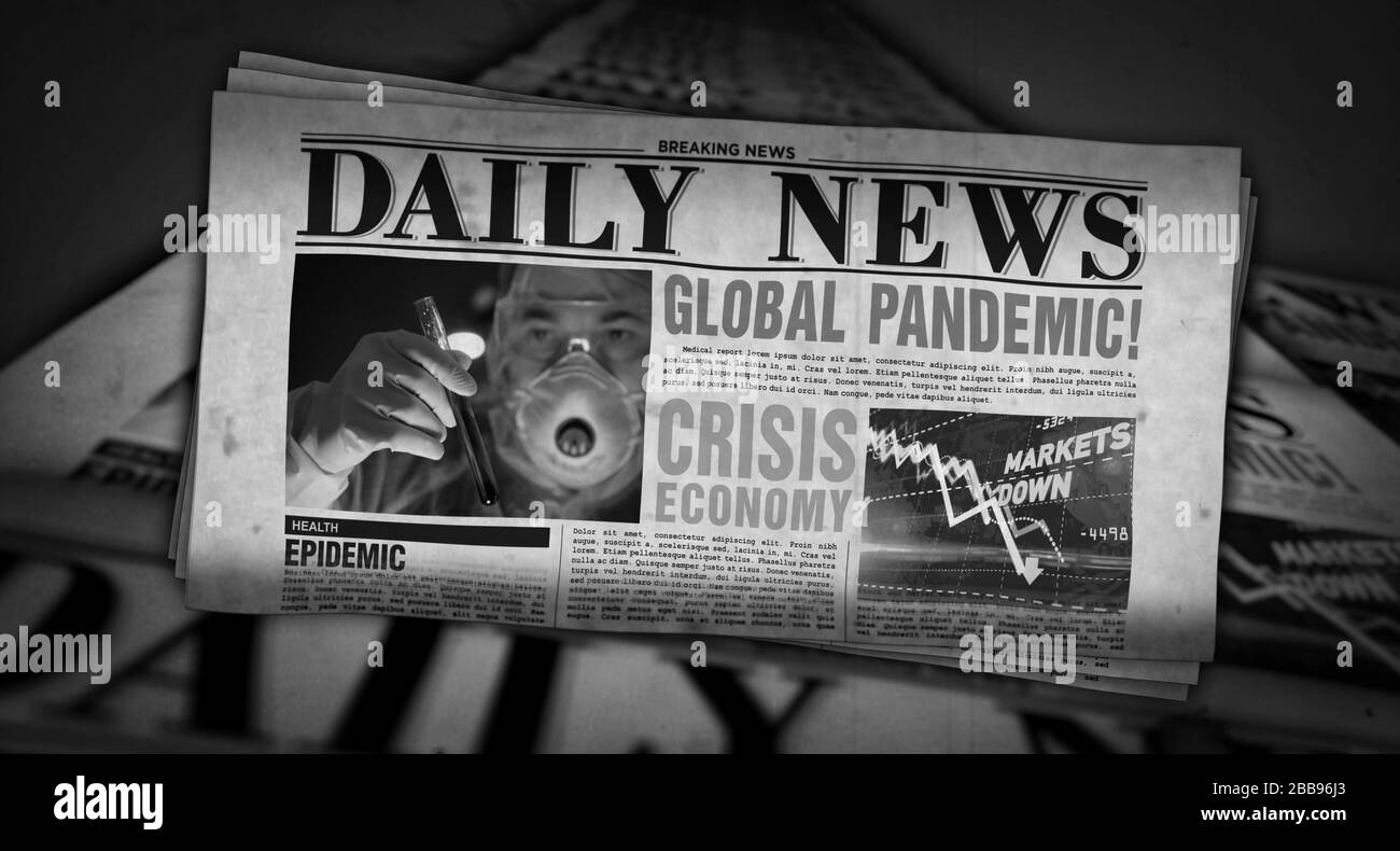 Pandemia globale e notizie di crisi - stampa quotidiana dei giornali. Pericolo di avvertimento nel concetto astratto di produzione di carta d'annata della stampa. Retro st Foto Stock